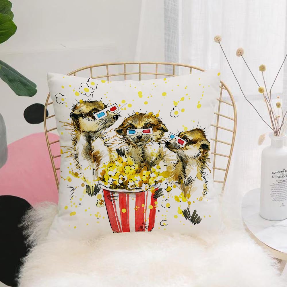 HYOSXW Cushion Cover,Throw Pillow Case Home Decorative for Living Room Bedroom Sofa Chair 16X16 Inch,Funny meerkat and popcorn T-shirt graphics meerkat illustration with splash wat,Pillowcase 40X40cm