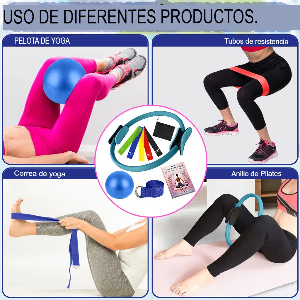 Círculo Pilates con Pelota y Bandas - Kit Yoga Fitness Completo para Muslos, Abdos, Piernas - Anillo de Tonificación Ligero y Portátil - Accesorio Pilates & Yoga en Casa