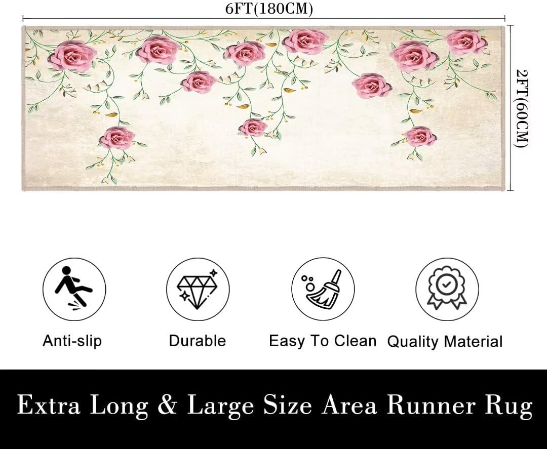 Floral Runner Rug for Hallway 2x6, Washable Kitchen Rug, Chic Floral Roses, Vintage Area Rug Throw, Non-Slip Floor Carpet Indoor Entrance Doormat, Bedroom