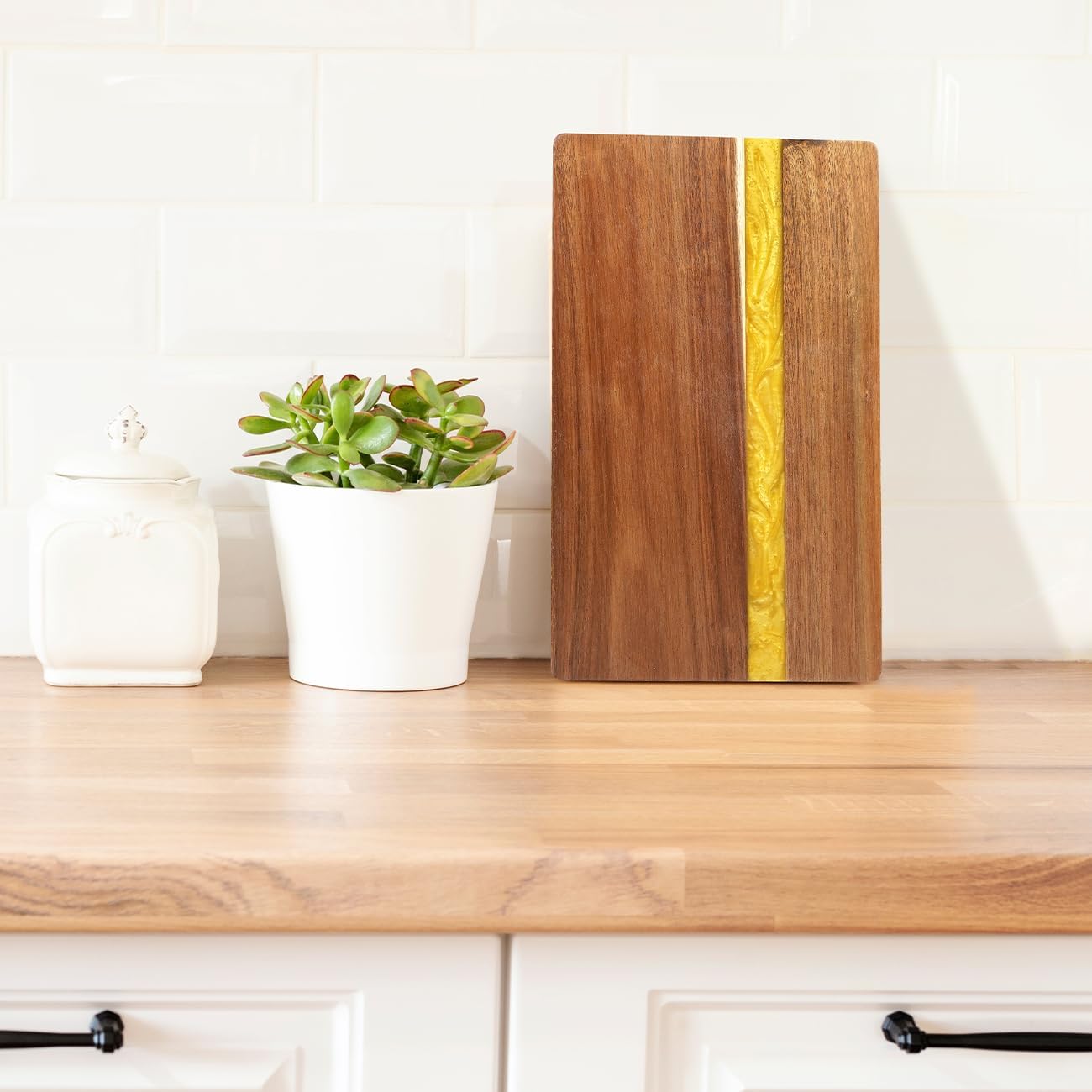 Acacia Wood Cutting Board with Resin Wave Design - Versatile Kitchen 13x8.5 Inches Chopping Board for Meat, Vegetables, Fruits, Cheese & Charcuterie, Elegant Serving Tray (Yellow)