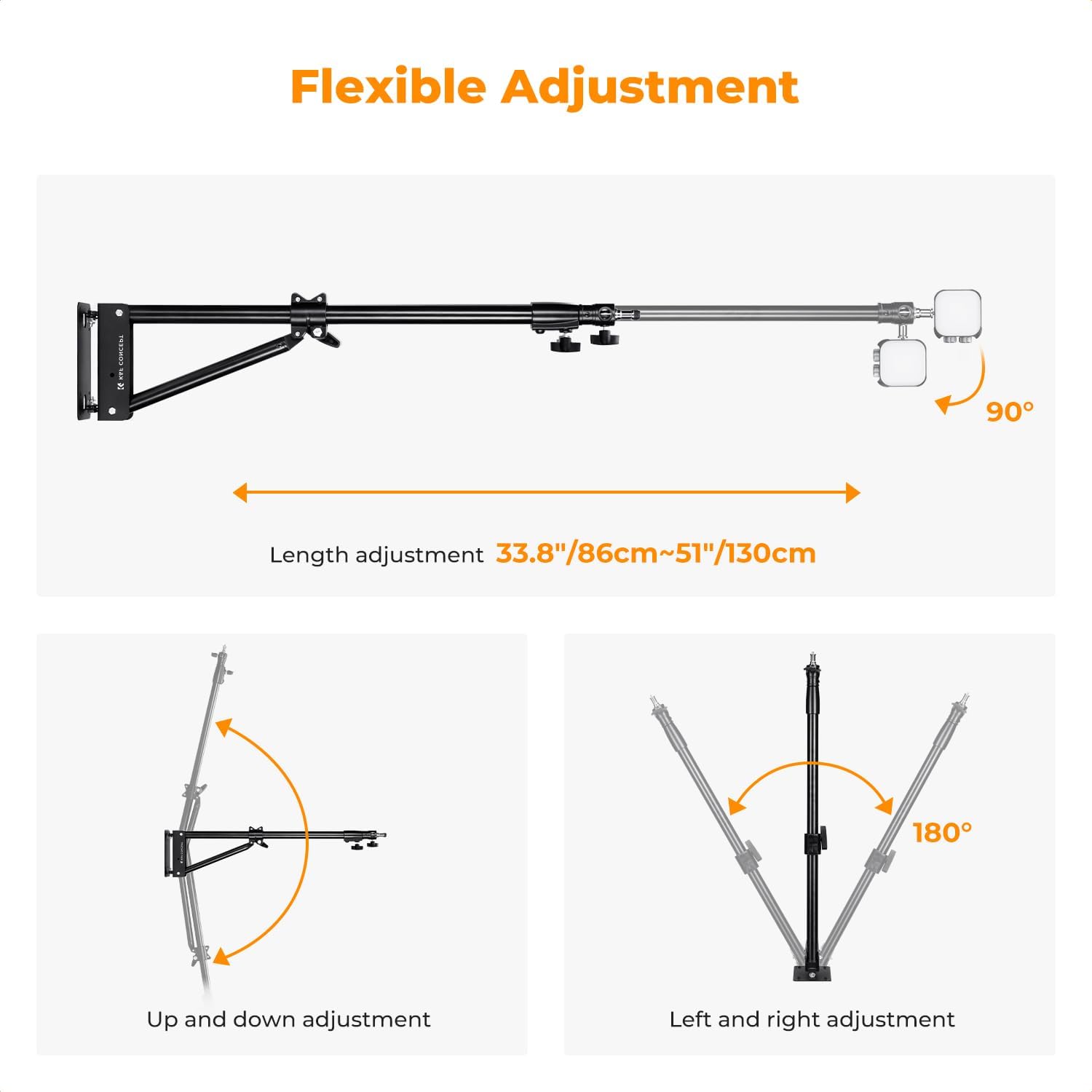 K&F CONCEPT Wall Mount Boom Arm 51"- Rotating Triangle Stand for Ring Light, Softbox, Reflector - Support 180°Flexible Rotation, 33-51in Adjustable Length, 20lbs Heavy Duty with 1/4''&3/8'' Mount