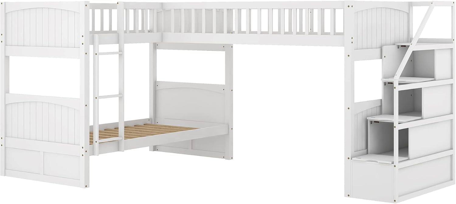 Triple Bunk Beds with Storage Staircase L-Shaped Bunk Bed with a Loft Bed Twin Over Twin Triple Beds with Drawers for 3 Kids, Boys, Girls, Teens, White