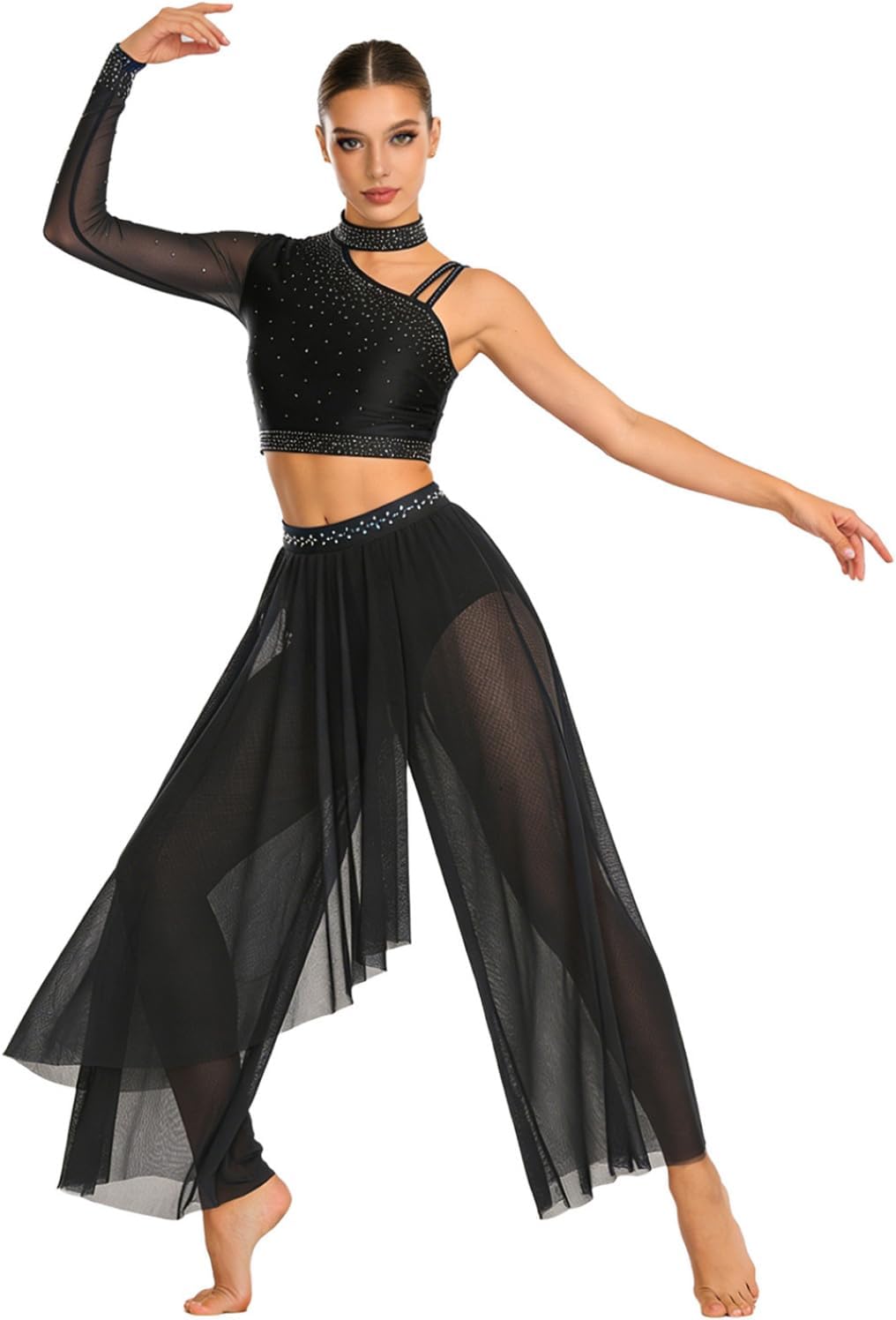 Vxuxlje Womens Lyrical Dance Outfits Long Sleeve Crop Top with Chiffon Wide-Leg Pants Dancewear Black Medium