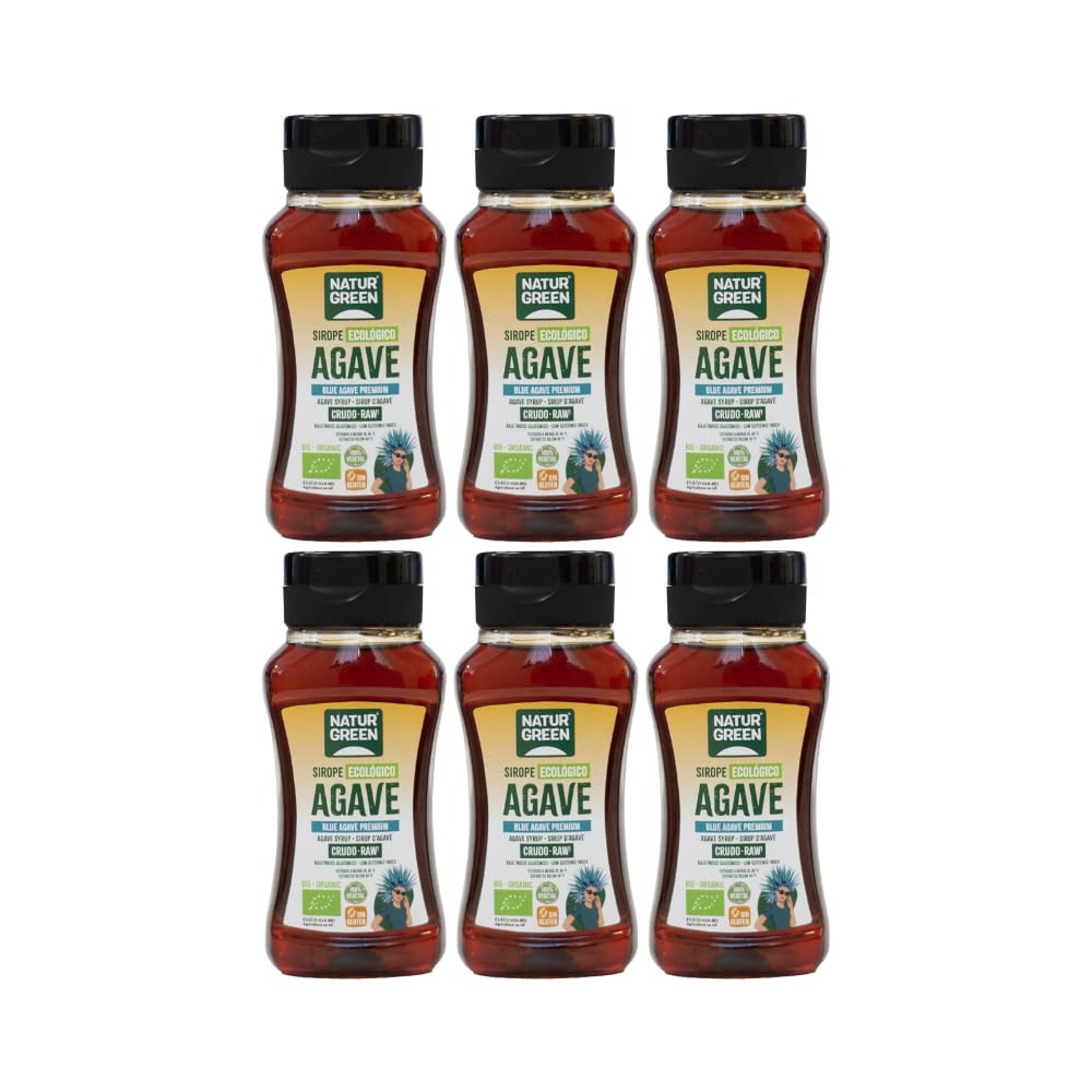 NaturGreen - Sirope de Agave Crudo Bio, Pack 6 x 236 ml, Edulcorante Natural, Agave Azul, Alternativa Vegana a la Miel y el Azúcar, Sin Gluten, Ideal para Endulzar Bebidas, Yogures y Postres