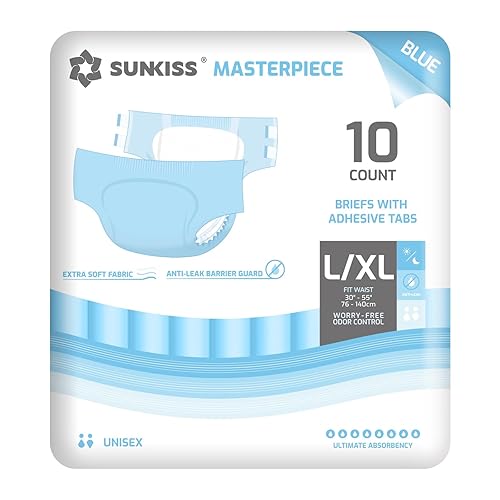 SUNKISS Masterpiece Adult Diapers with Tabs, Unisex Disposable Incontinence Briefs for Women and Men, Odor Control, Blue, L/XL, 10 Count - Large/Xlarge - Blue (Pack of 10)
