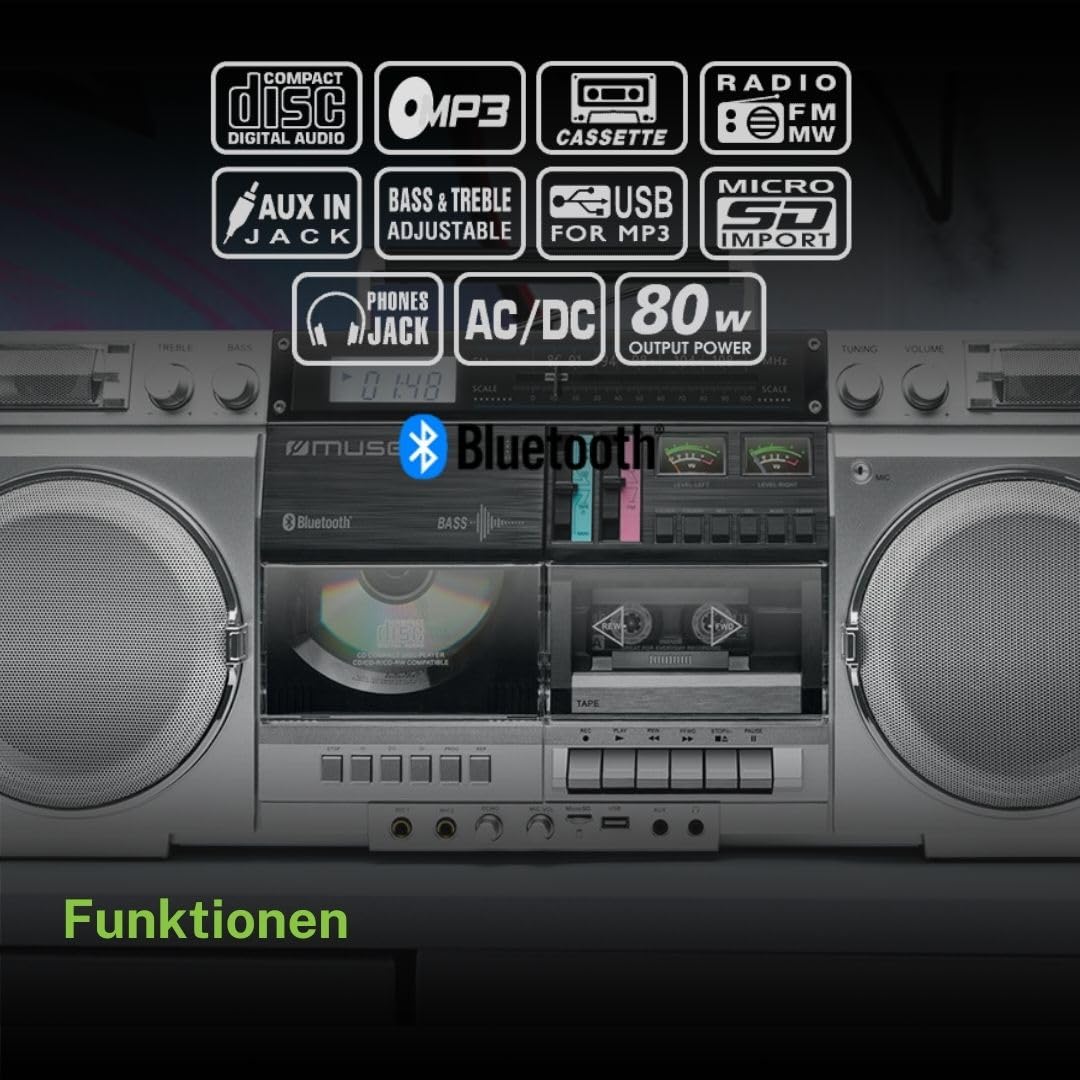 MUSE M-380GBS Retro Cassette Boombox with CD Player, AUX and