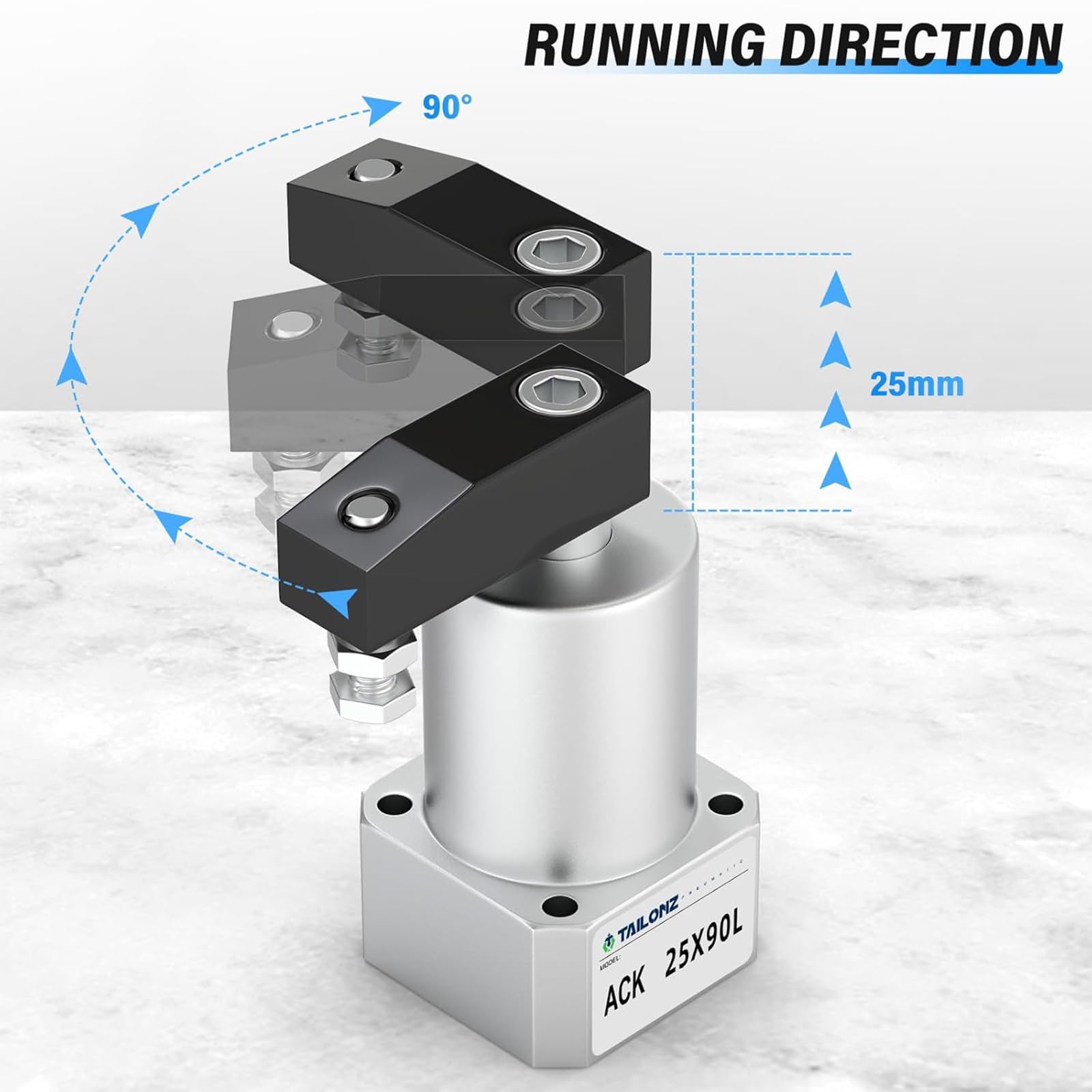 TAILONZ PNEUMATIC Vérin de rotation à gauche Angle de rotation pneumatique de 90 degrés, angle de serrage rotatif du vérin de pression inférieur, vérin rotatif de serrage par pression ACK25×90L