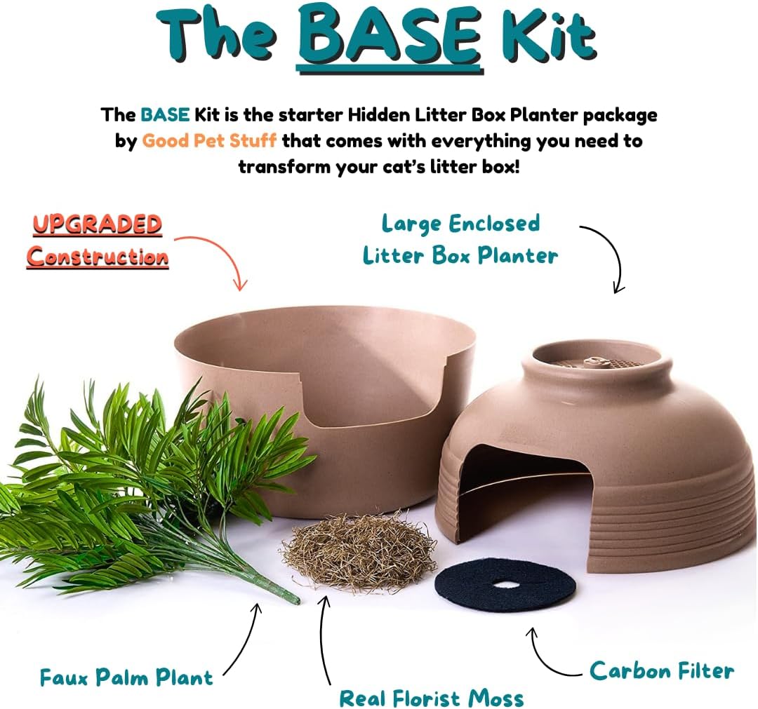 Good Pet Stuff Hidden Litter Box Planter, Decorative Cat Litter Enclosure with Carbon Filter, Artificial Plant, Easy Clean, Improved Design, Round Style, Base Kit, Chestnut Brown