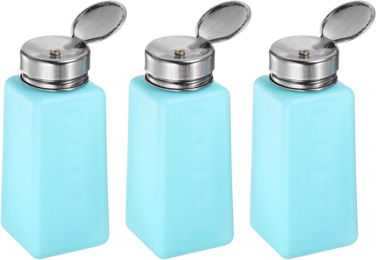 HARFINGTON 3pcs Solvent Alcohol Dispensers 250ml(8.5oz) Push Down Liquid Dispenser Pump Bottle with Sealing Stainless Steel Lid for Acetone Cleanser Polish Remover, Blue