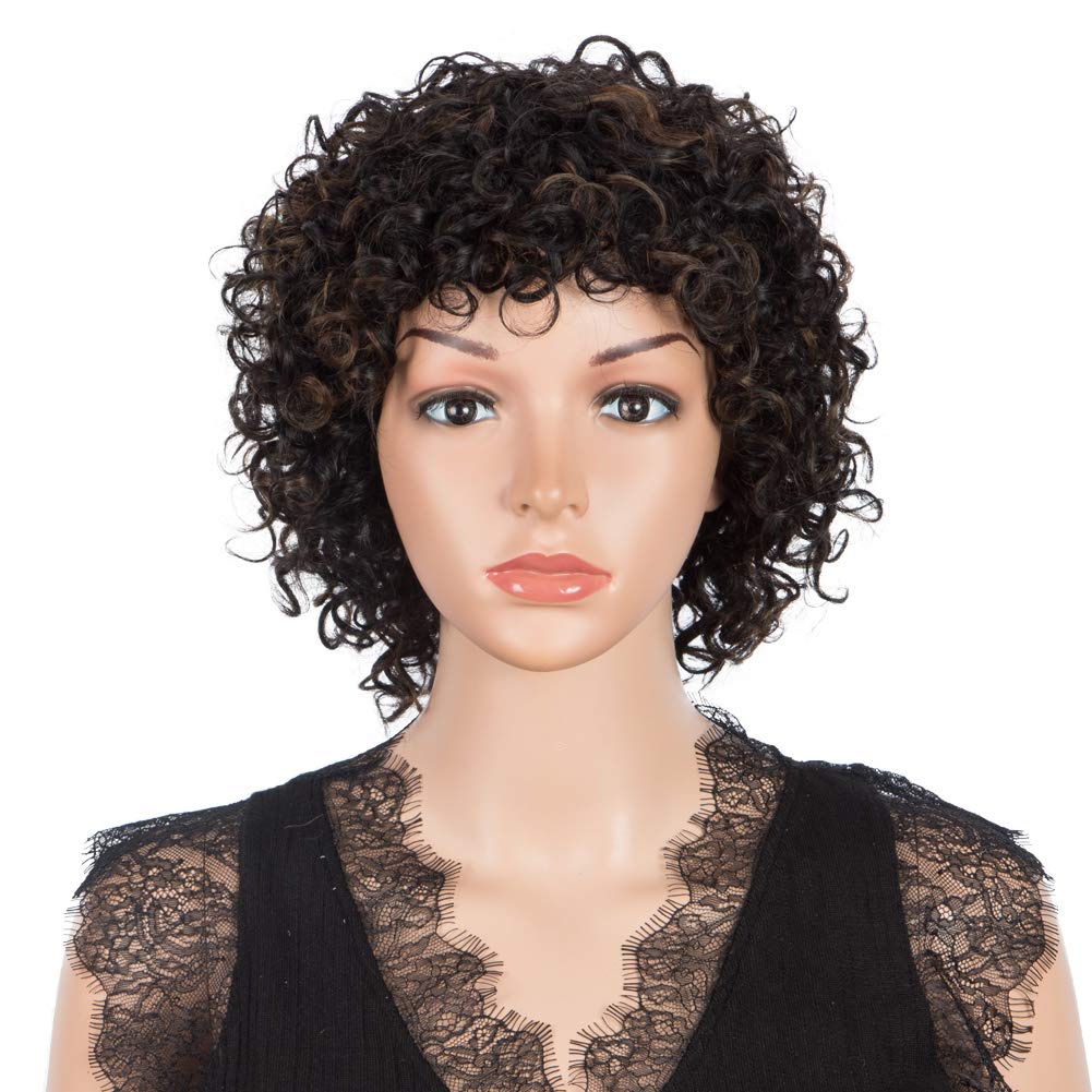 Joedir Short Curly Human Hair Wig for Black Women Brazilian Pixie Hair Wigs with Bangs Machine Made 150% Density Real Wig(Mixed Brown Color)