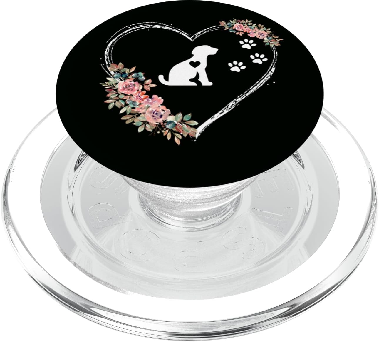 Puppy Heartbeat With Paw Prints And Flowers On Black PopSockets MagSafe PopGrip for iPhone
