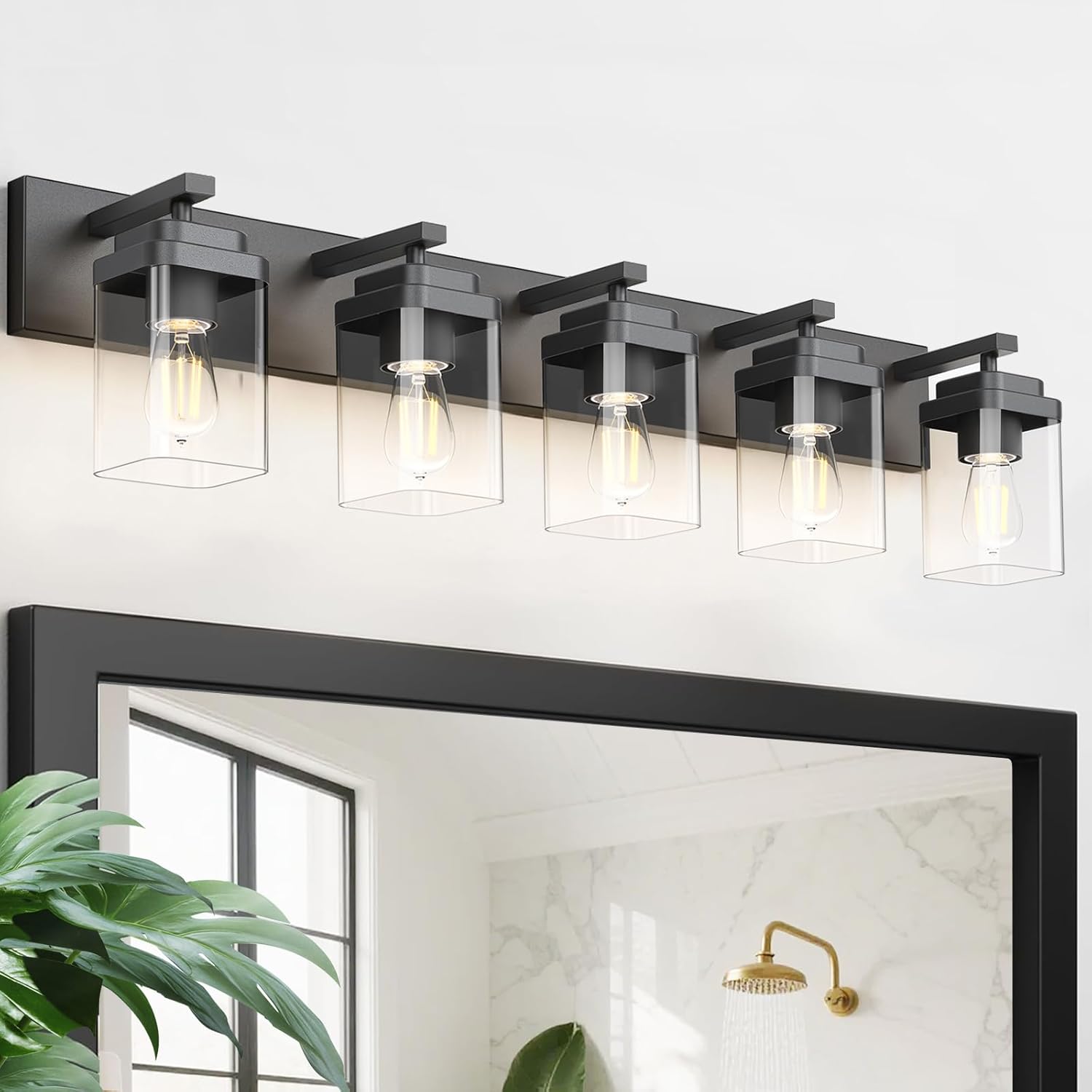 Black Bathroom Light Fixtures, 5 Lights Bathroom Lighting Fixtures Over Mirror, Square Design & Rectangle Large Backplate, Modern Vanity Lighting Fixtures, for Bathroom/Living Room/Bedroom