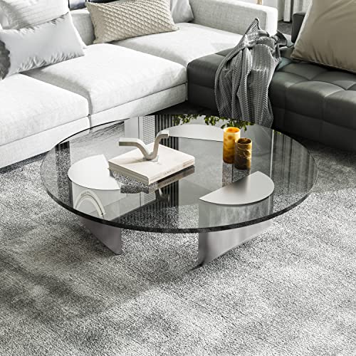 Rimdoc Round Glass Coffee Table Wedge Coffee Table, Modern Coffee Table With Black Tempered Glass Top End Table, Heavy Duty Brushed Steel Legs Support For Living Room, Home, Office #TOP4