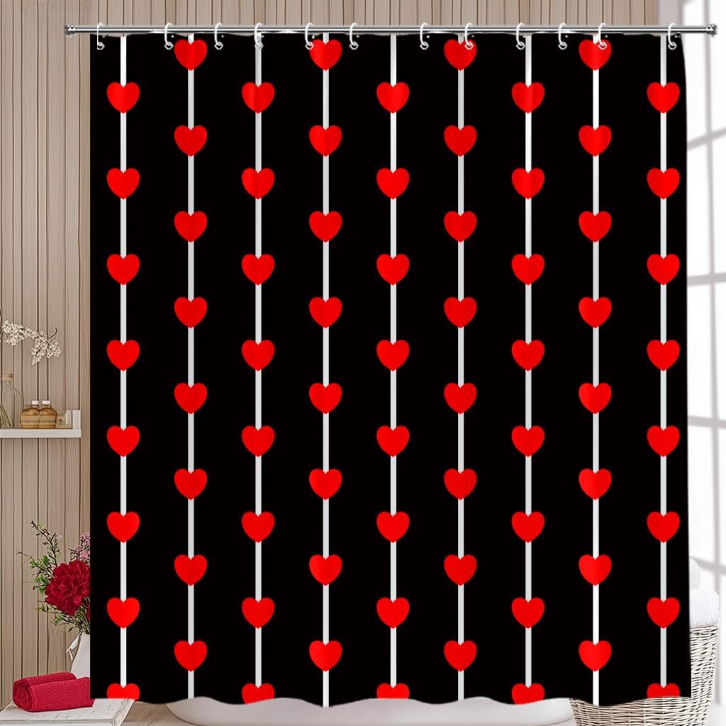 Valentines Shower Curtain Red Pink Heart Romantic Sweet Love Couple Modern Fabric Bathroom Decor Set with Hooks,(70" Wx74.8 H)