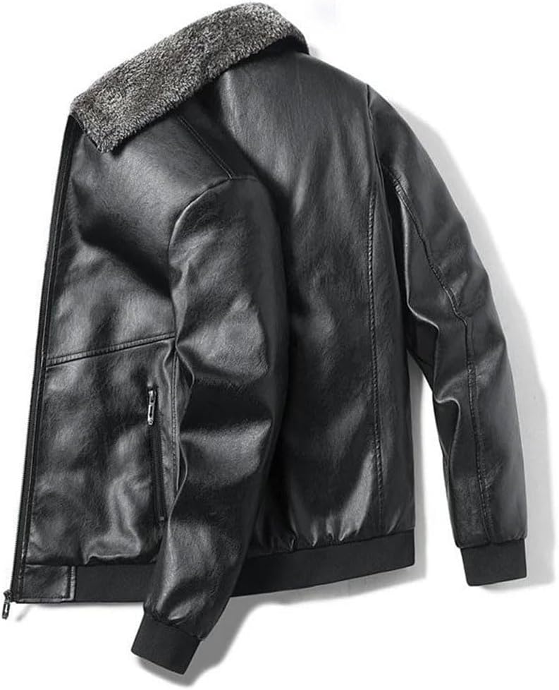 Men's Winter Pu Leather Jackets Fur Collar Motorcycle Thick Warm Faux Jacket Coat