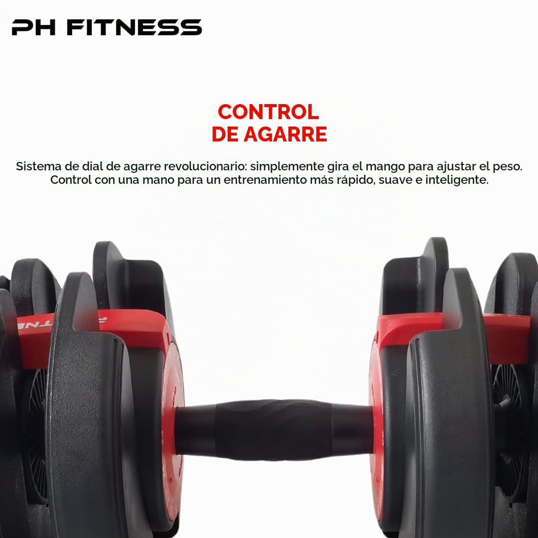 PH Fitness Mancuernas Ajustables Premium 24kg – 15 en 1 con Ajuste Rápido con Una Mano – Juego Compacto para Gimnasio en Casa – 2.5 a 24 kg – Equipo de Fitness Ahorra Espacio
