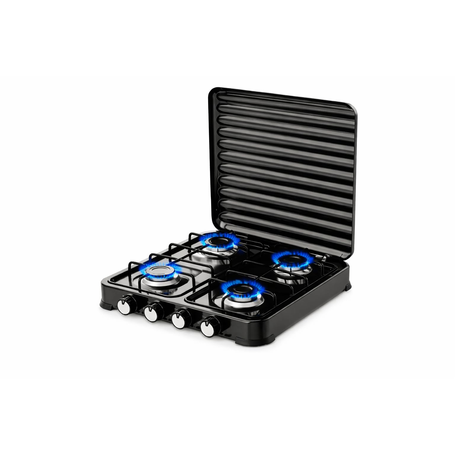 Fornello a gas portatile 4 fuochi (4 bruciatori) 8,8 kW · Fornello da campeggio esterno · Per butano e propano · Coperchio apribile · Fiamma regolabile (4 fuochi)