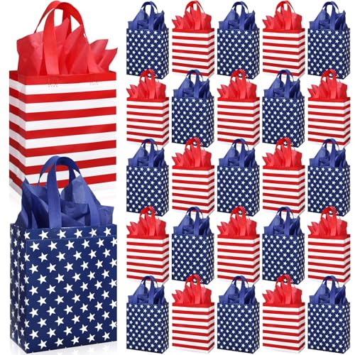 Yoojahow 24 Set Patriotic Gift Bags Bulk with Tissue Memorial Day American Flag 4th of July Red White Blue Tote Bags Non Woven Party Favors with Handle for Holiday Patriotic Birthday Supplies