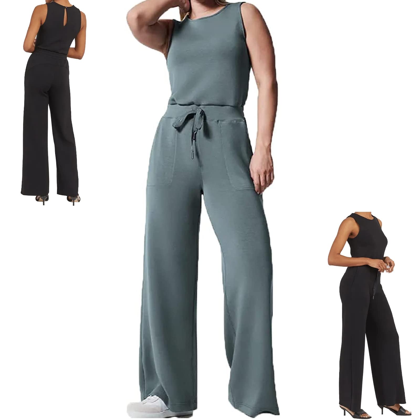 The Air Essentials Jumpsuit,Womens Rompers and Jumpsuits Casual Loose Short Sleeve Belted Wide Leg Pant with Pockets (Color : Blue Grey, Size : Medium)