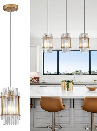 Paquete de 3 luces colgantes colgantes para isla de cocina, moderna lámpara de cristal de metal dorado para cocina, comedor, vestíbulo, pasillo,
