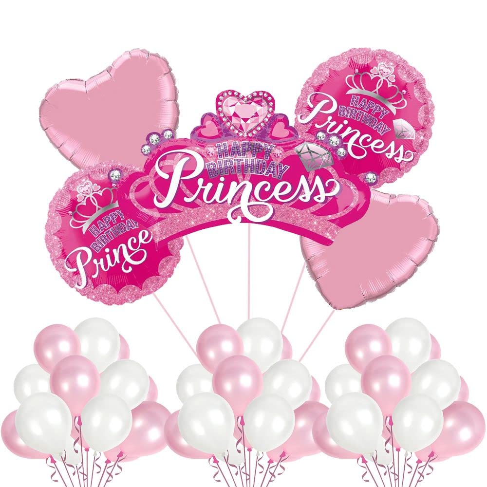 Pop The PartyPlastic Happy Birthday Princess Pink&White Ballon With Fringe&Party Popper (5Pcspinkprincesskitp37)