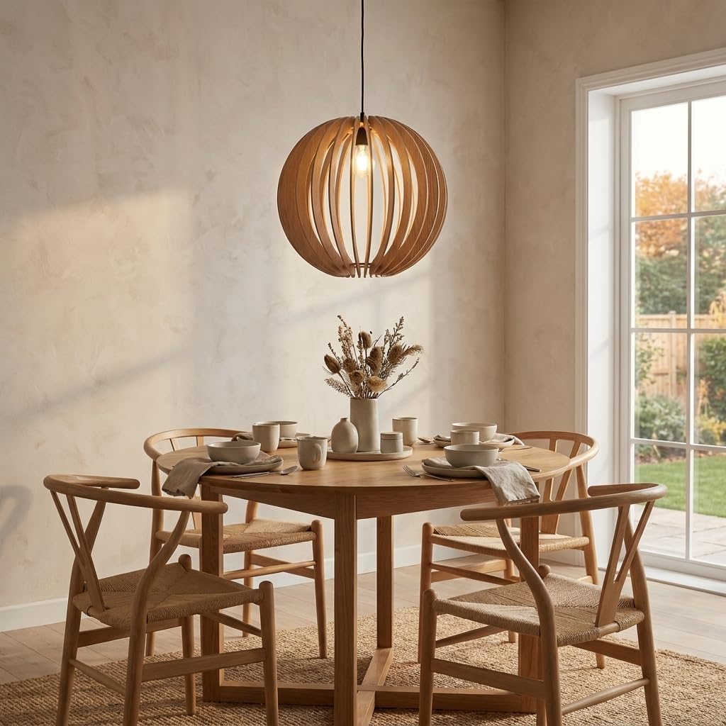 BARCELONA LED Lampa Wisząca BURMA Ø45 cm z Drewna MDF | Kulisty Klosz w Naturalnym Wykończeniu | Oprawka E27 Max. 40W | Regulowana Wysokość | Lampa Sufitowa do Salonu, Jadalni i Sypialni