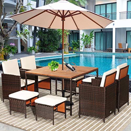 image for Tangkula 9 Pieces Wood Patio Dining Set, Space Saving Wicker Chairs an