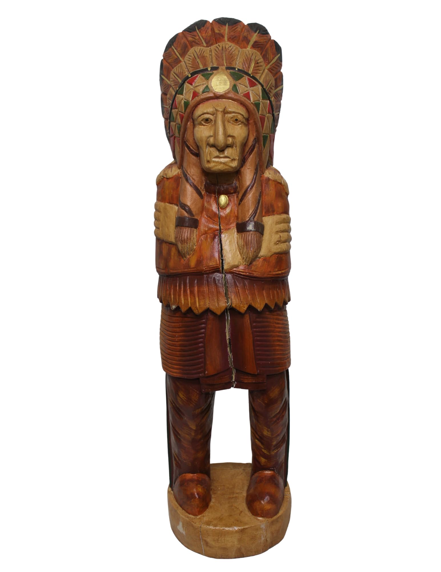 Huge Indian Chief Authentic Vintage Design Hand Crafted Wooden Sculpture Cigar Cowboys Horseshoes Shotgun Old west Hunting, Brown