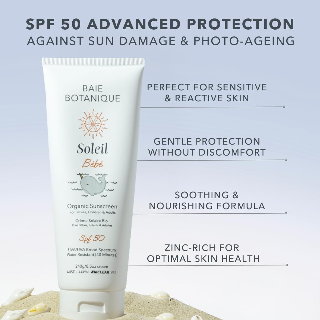 Baie Botanique Soleil Bébé Tube - Protección solar mineral biológica no tóxica para bebés y niños, SPF 50, girasol y jojoba, sin perfume, natural, vegano, sin huella blanca, arrecife