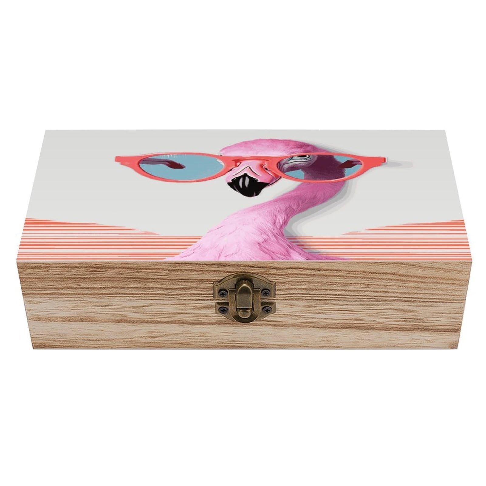 Btcowzrv Style Hello Glasses Flamingo Wooden Storage Box, Keepsake Box With Hinged And Retro Lock, Wood Jewelry Organizer For Photos & Mementos And Home Decor