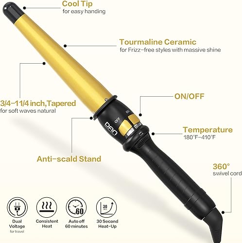 Miniatura 6 de DAN Technology Rizador de pelo cónico de 34-1 14 pulgadas, rizador de pelo de cerámica turmalina, rizador de pelo de doble voltaje, herramienta de