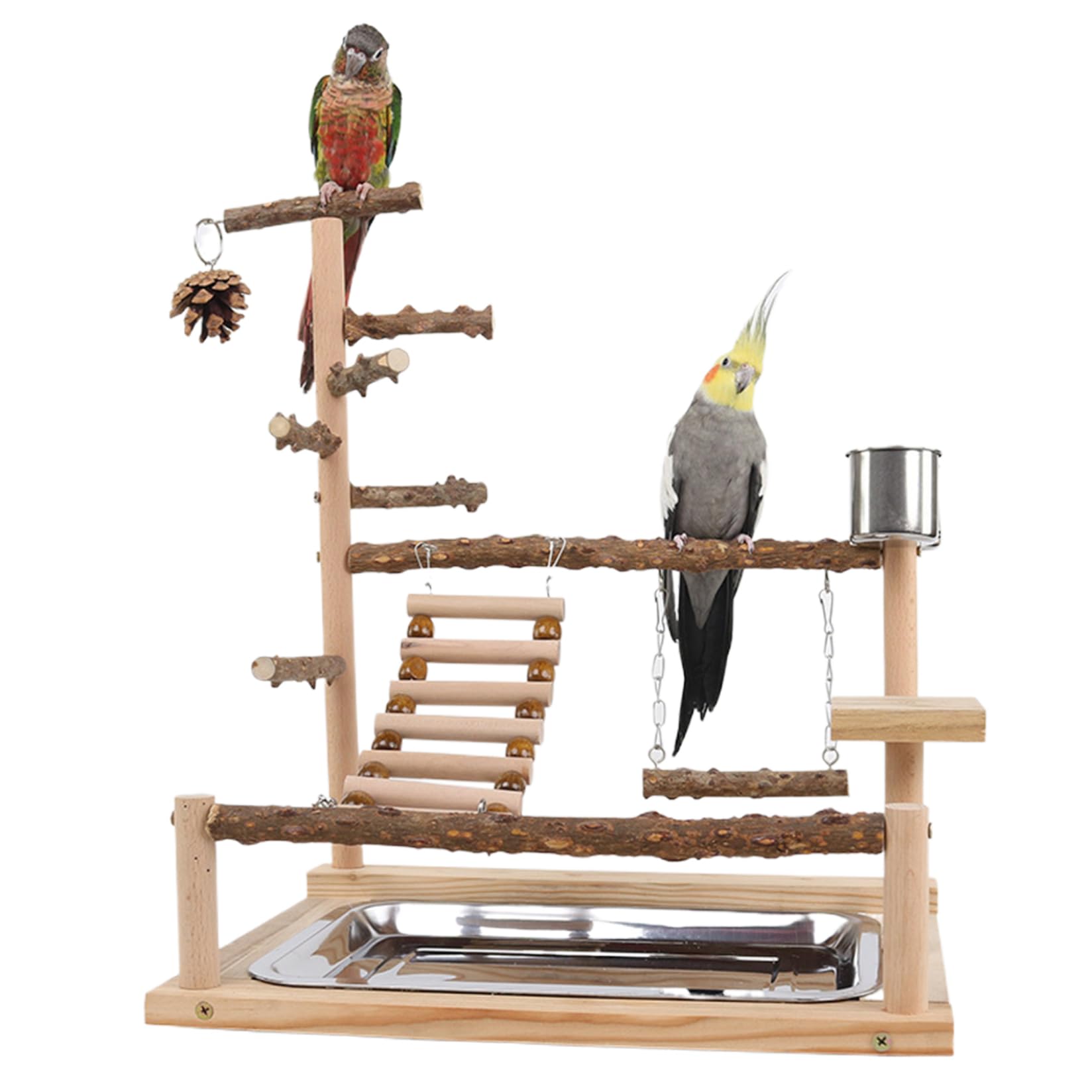 Support de perroquet en bois naturel pour aire de jeux pour oiseaux, avec tasse d'alimentation, support de perche pour oiseaux, jouets pour perruches, perche polyvalente 14.6*10.2*17.7 pouces