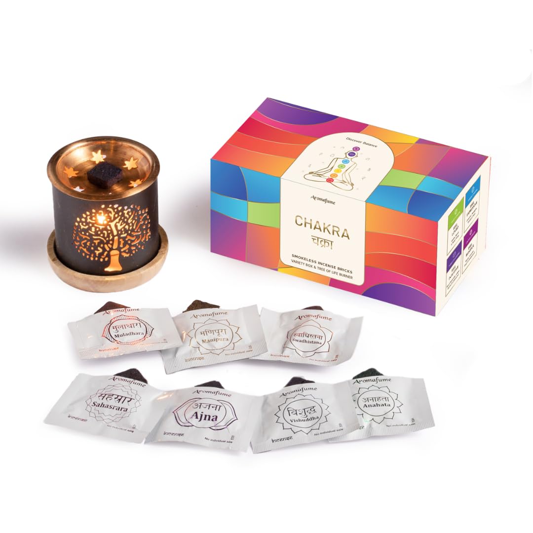 7 Chakra Incense Brick Gift Set by Aromafume | 14 Bricks & Tree of Life Exotic Burner | Smokeless Incense Set for Chakra Balance | Yoga & Meditation Gifts