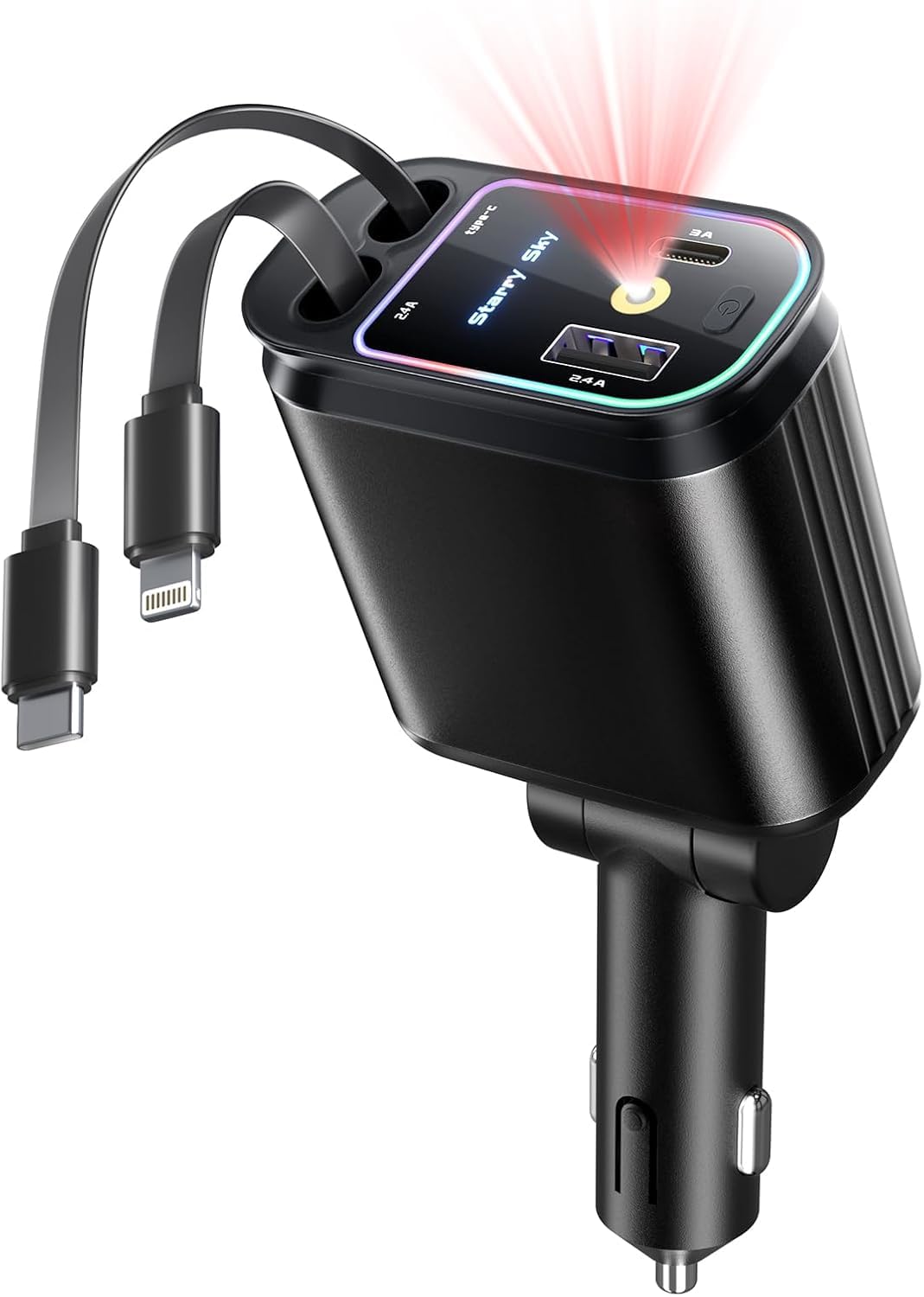 4 In 1 Caricatore Auto USB C 66W, Carica Batteria per Auto Cellulare con Luce Stellata, 12V/24V Caricabatteria da Auto Retrattile usb-C/usb-A, per iPhone 16/15/14, iPad, Android