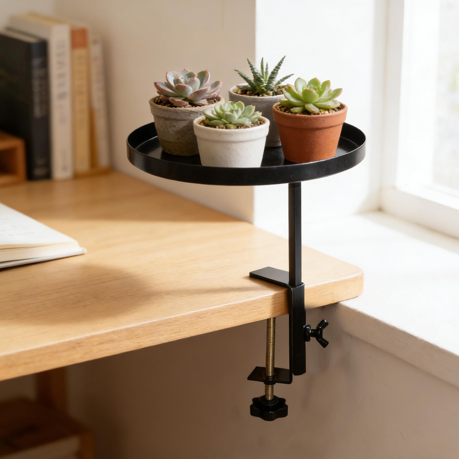 Window Sill Plant Shelf, Window Shelf Windowsill Clamp Tray, Clamp-On Windowsill Plant Stand,for Indoor Succulent Display and Small Flower Shelf Organizer (Black, 23.5x15cm)