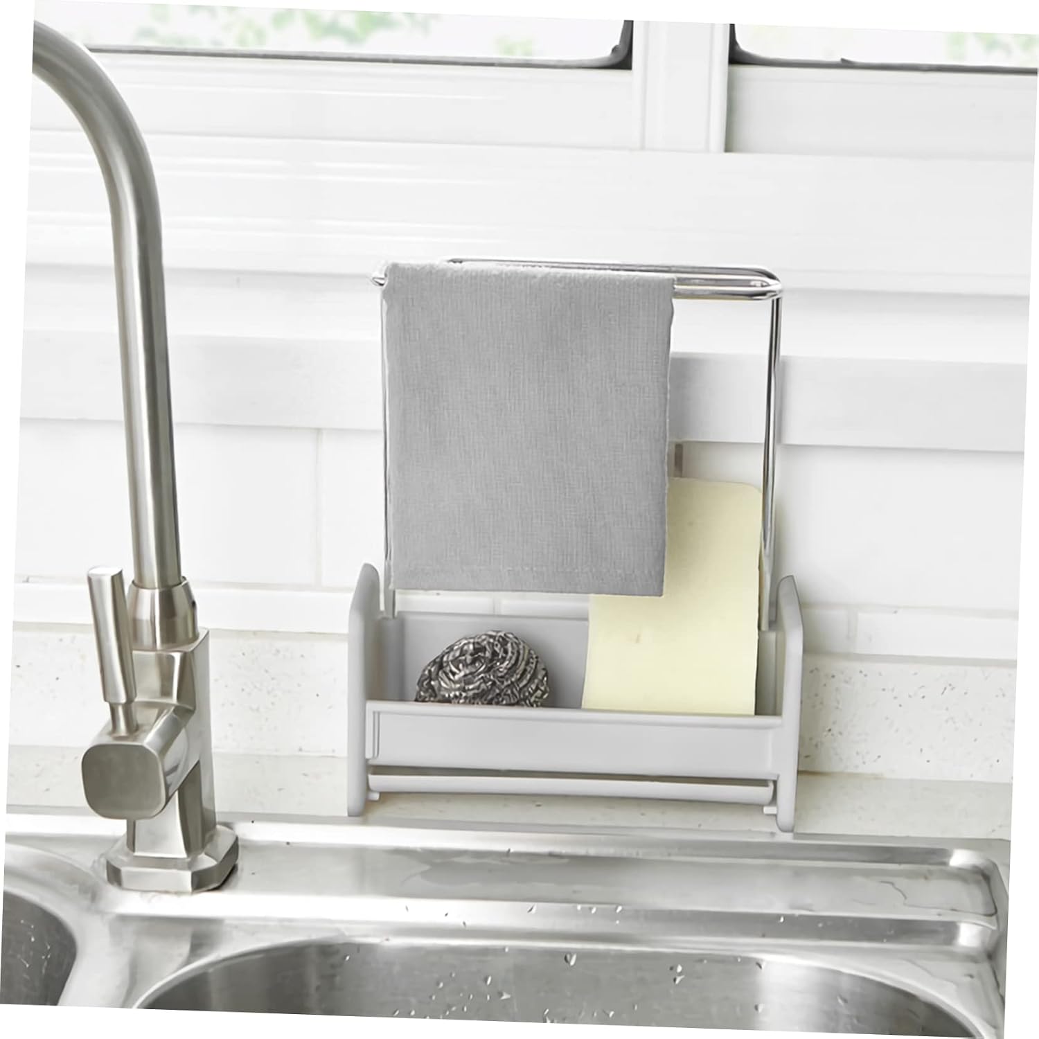 SECFOU Kitchen Sink Rack No-Punching Draining Rack for Kitchen Accessories Stylish Sponge Holder with Drain Pan Space-Saving Storage Shelf for Household Use