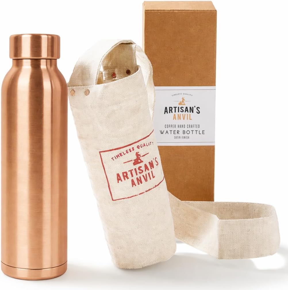 Artisan's Anvil Copper Water Bottle for Drinking Water – Handcrafted Ayurvedic 100% Pure Copper Bottle with Carry Bag & Leak-Proof Lid - Designed for Daily Use at Home, Work or On the Go