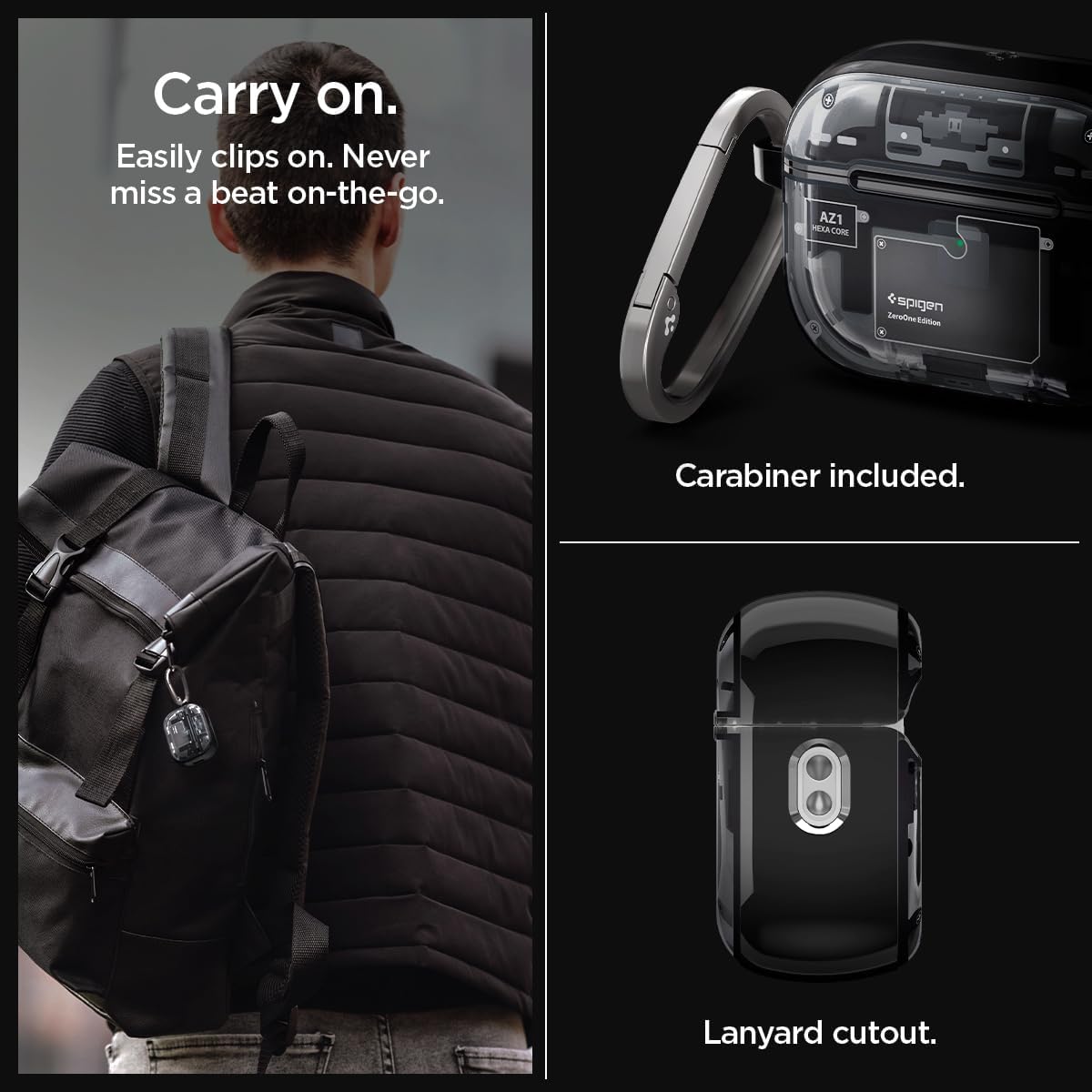 Person with backpack showing Spigen case clipped on, close-up of carabiner, and lanyard cutout