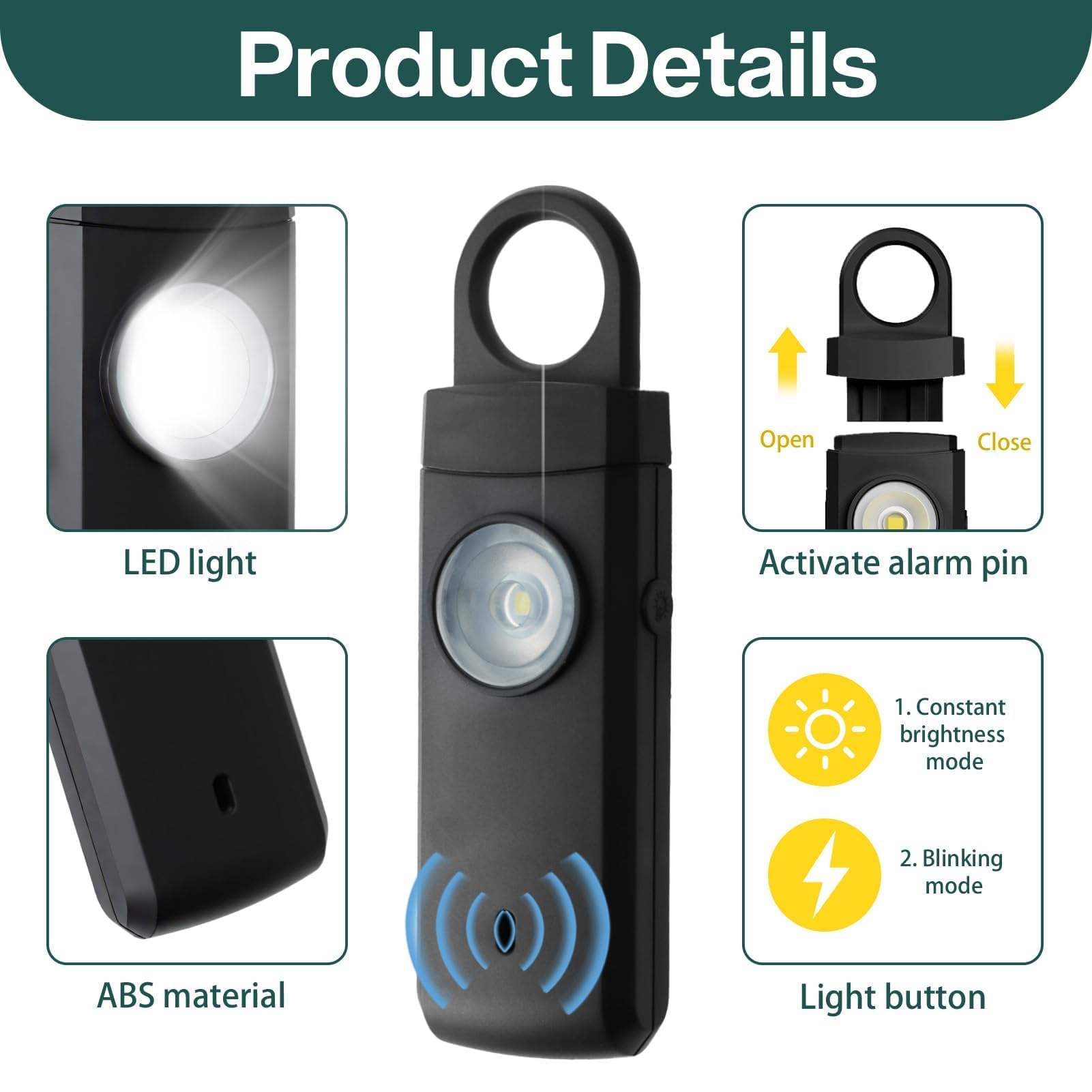 Allarme anti-aggressione 130 dB, anti-aggressione ricaricabile di sicurezza di emergenza, portachiavi allarme con luci LED, ricarica USB tipo C, kit di sicurezza portatile (nero)