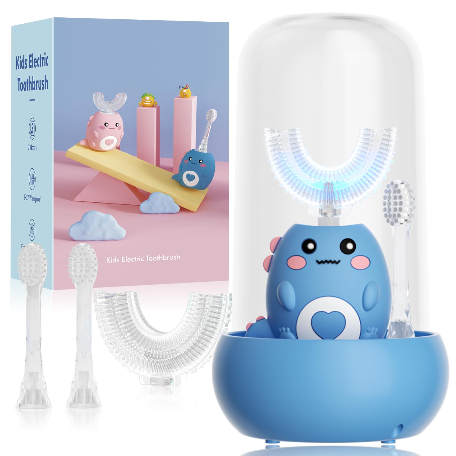 Elektrische Zahnbürste für Kinder, U-förmige Zahnbürste, mit 3 Reinigungsmodi, mit 4 Bürstenköpfen, 360° Schallzahnbürste, IPX7 wasserdicht, Cartoon-Dinosaurier-Design (Alter 2-12)