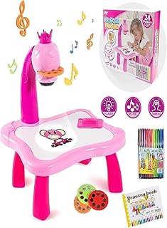 ترابيزة جهاز عرض ذكية للرسم والتتبع والتلوين مع إضاءة ليد وموسيقى، لوحة رسم لتعليم الأطفال الكتابة والرسم للأولاد والبنات من سن 3-8 سنوات، لون وردي