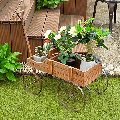 Giantex Decorative Garden Planter, Small Wagon Cart With Metal Wheels, Wood Raised Beds Plant Pot Stand For Backyard Garden Patio 24.5"X13.5"X24" (Natural) #TOP1