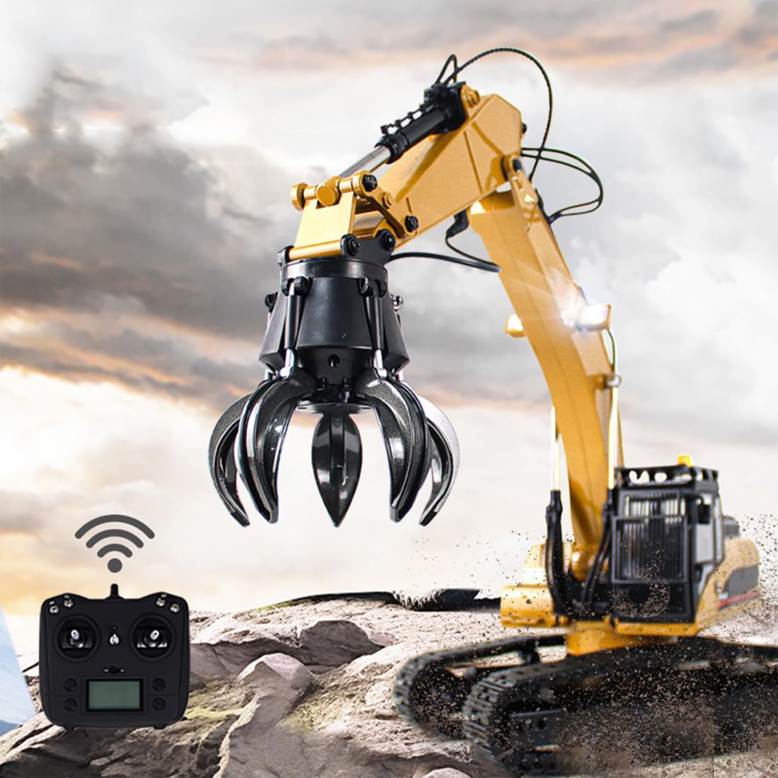 Excavadora RC 5 en 1 de metal completo a escala 1/14 2.4G con trituradora, agarre de troncos, cizalla hidráulica, garra - Modelo de vehículo de construcción con luces LED ahumadas