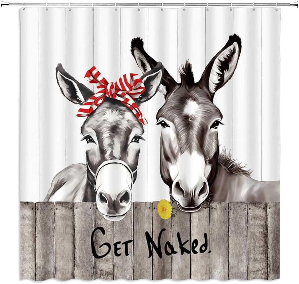 Funny Donkey Shower Curtain Get Naked Farmhouse Yellow Floral Animal Rustic Wooden Board Country Bathroom Decor Fabric Curtains with Hook 70Wx80H Inches