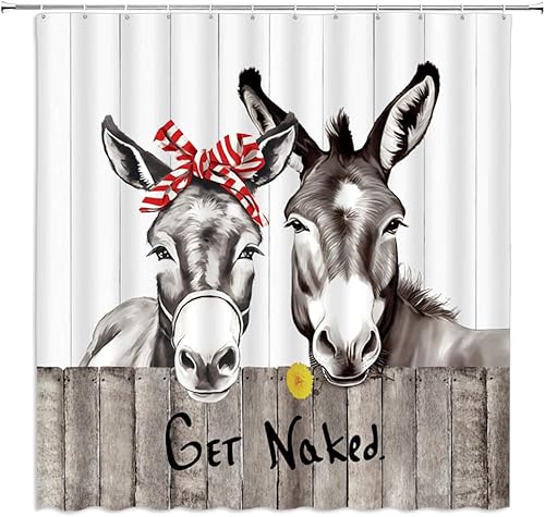 Miniatura 3 de Divertida cortina de ducha con diseño de burro, diseño floral amarillo de granja, tablero de madera, decoración de baño, cortinas de tela con gancho