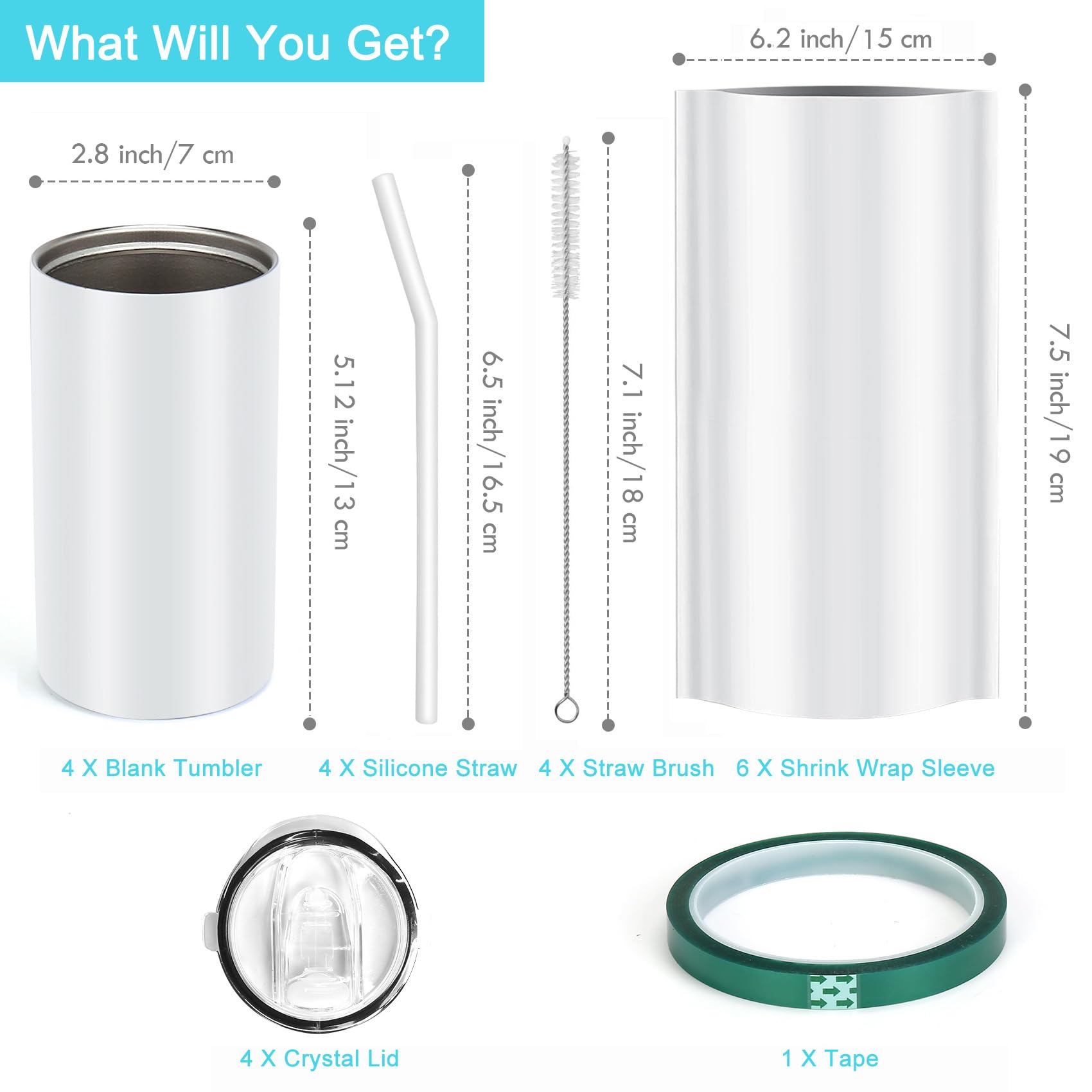 Vasos de sublimación para sorber de 12 onzas, paquete de 4 vasos de sublimación en blanco delgados y rectos a granel, vasos de sublimación aislados de acero inoxidable con tapas y popotes para