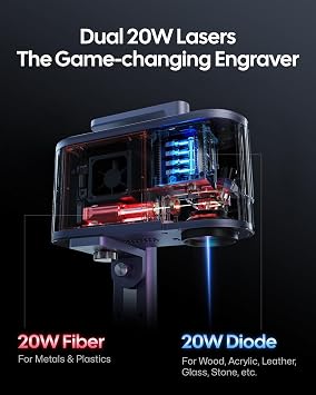 LaserPecker LP5 (Basic) 20W Fiber & Diode Dual Laser Engraver for Almost All Materials, 10000mm/s Speed 3D Embossing Laser Engraving Cutting Machine for Business Batch Processing Metal Wood Acrylic