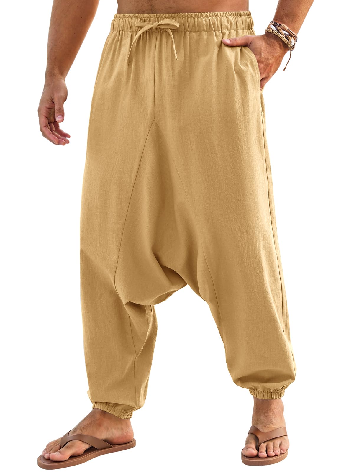 Runcati Mens Casual Harem Pants Baggy Hippie Yoga Cotton Linen Pants Drop Crotch Drawstring Beach Summer Trousers
