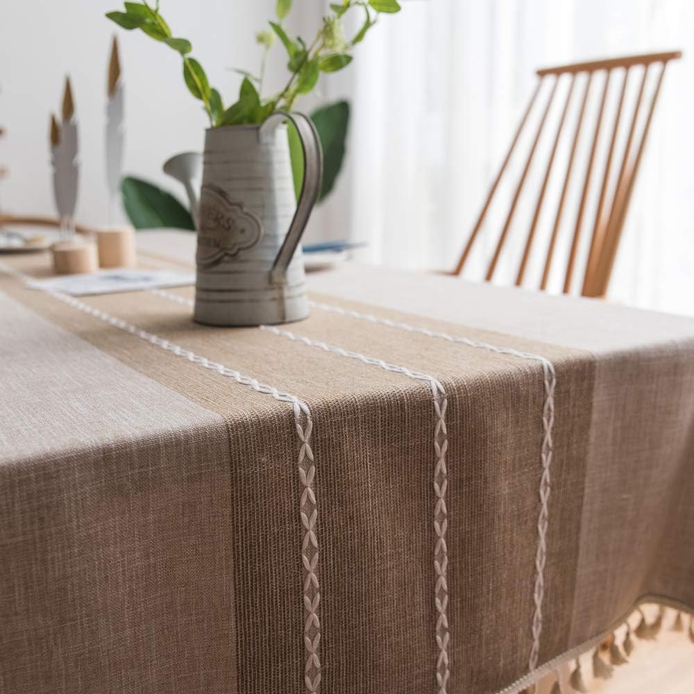 Lamberia Cotton Linen Tablecloths with Tassel for Rectangle Tables Heavyweight Burlap Table Cover for Kitchen Dinning Tabletop Decoration (Beige, 55"x70")