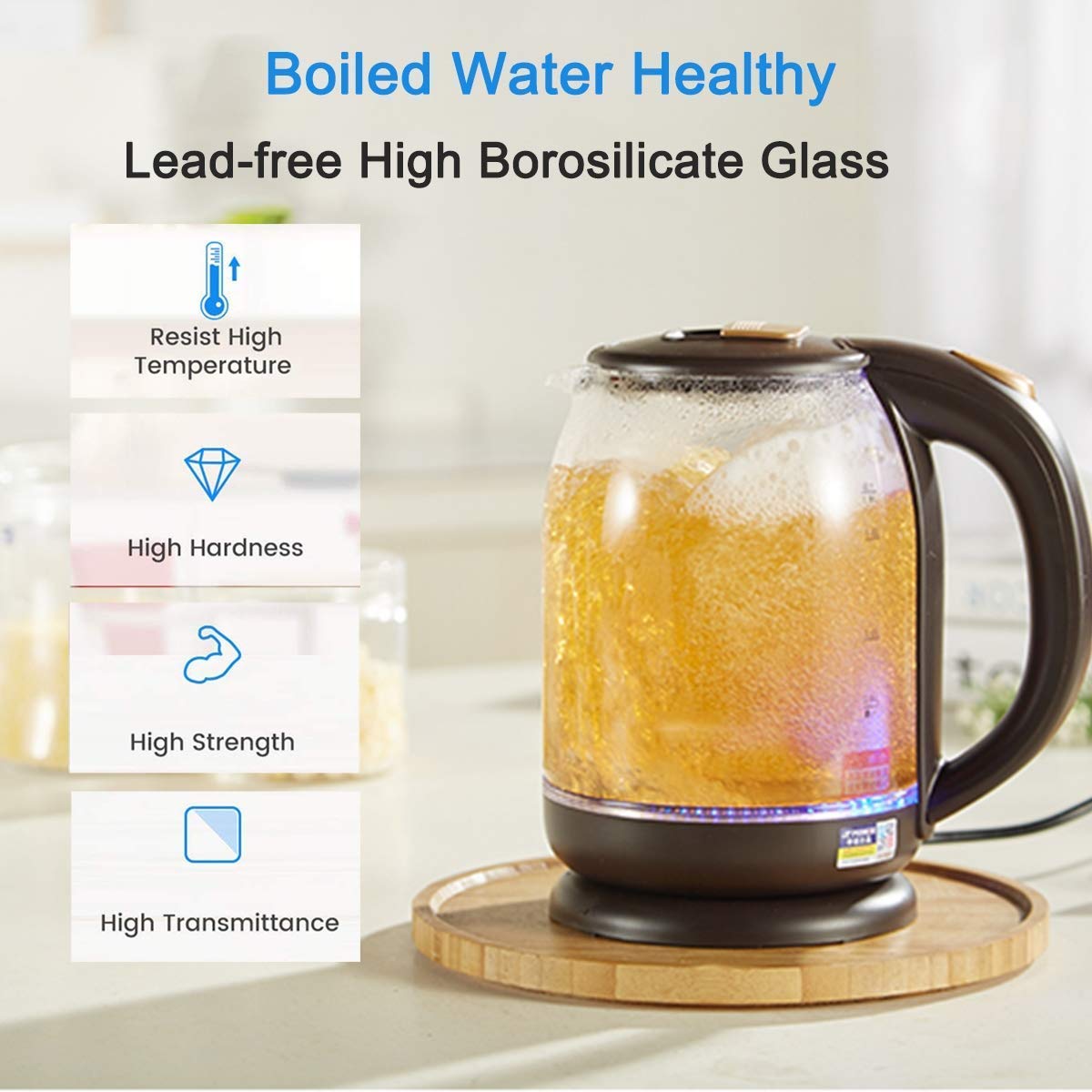 WYZQ Bollitore Elettrico in Vetro, Bollitore Illuminato a LED Ecologico, Bollitore Wireless Senza Bpa con Coperchio Interno e Fondo in Acciaio Inossidabile, Spegnimento Automatico e Protezione